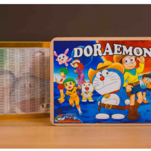 happy world wooden doremon bank for kids & adults, coin box with carved design, savings box, mini bank, wooden coin box, money saver, piggy bank with numbers