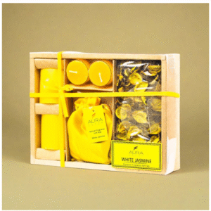 white jasmine fragnance candle gift set with flower candle